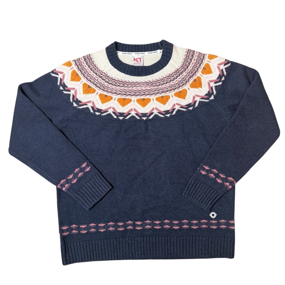 Kari Traa Navy Blue Wool Blend Fair Isle Yoke Knit Sweater Large